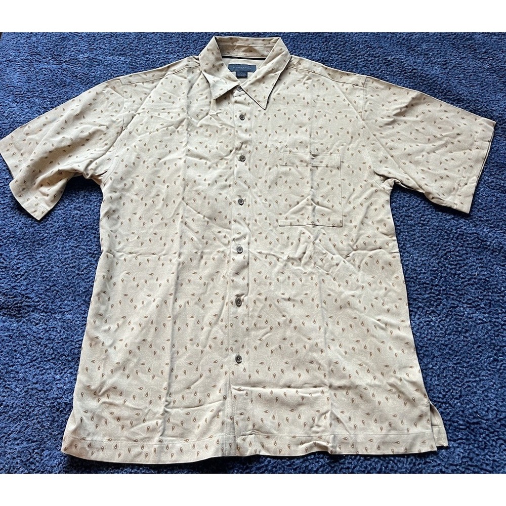 LUNGARNO Mens Button Shirt Size Large 100% Silk Beige Geometric‎ Short Sleeve